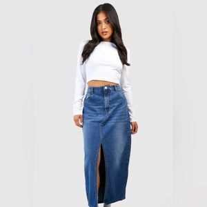 BooHoo Petite Split Front Denim Maxi skirt